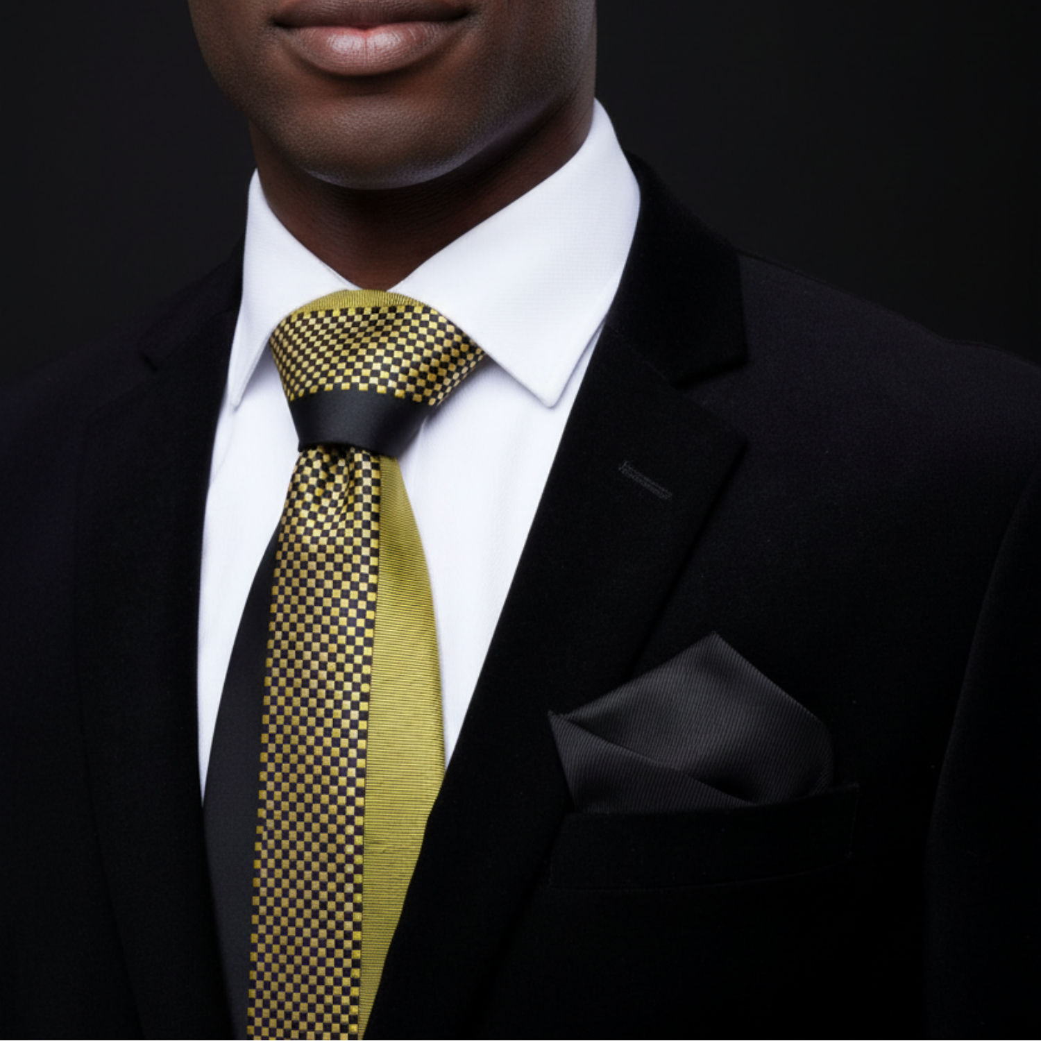 Man wearing a black suit with a gold and black checkered tie against a dark background