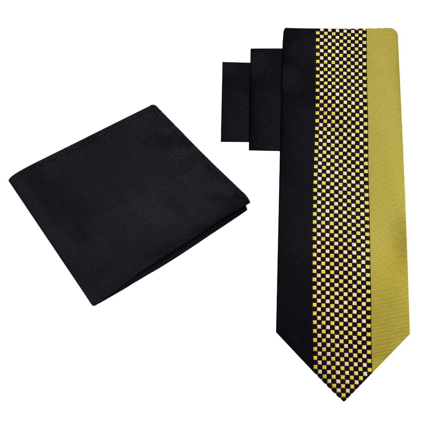 Alt View: Gold and Black Small Check Necktie and Black Square