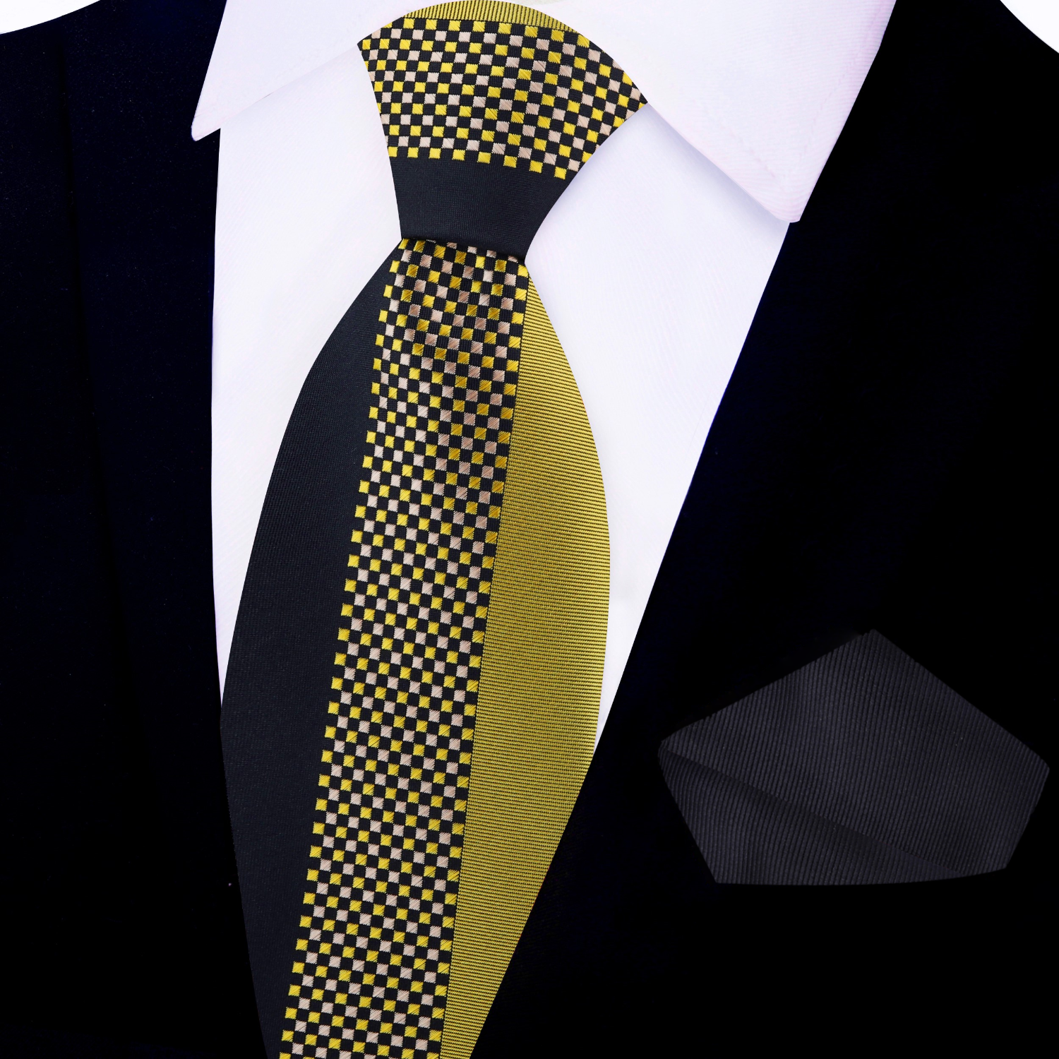 View 2: Gold and Black Small Check Necktie and Black Square