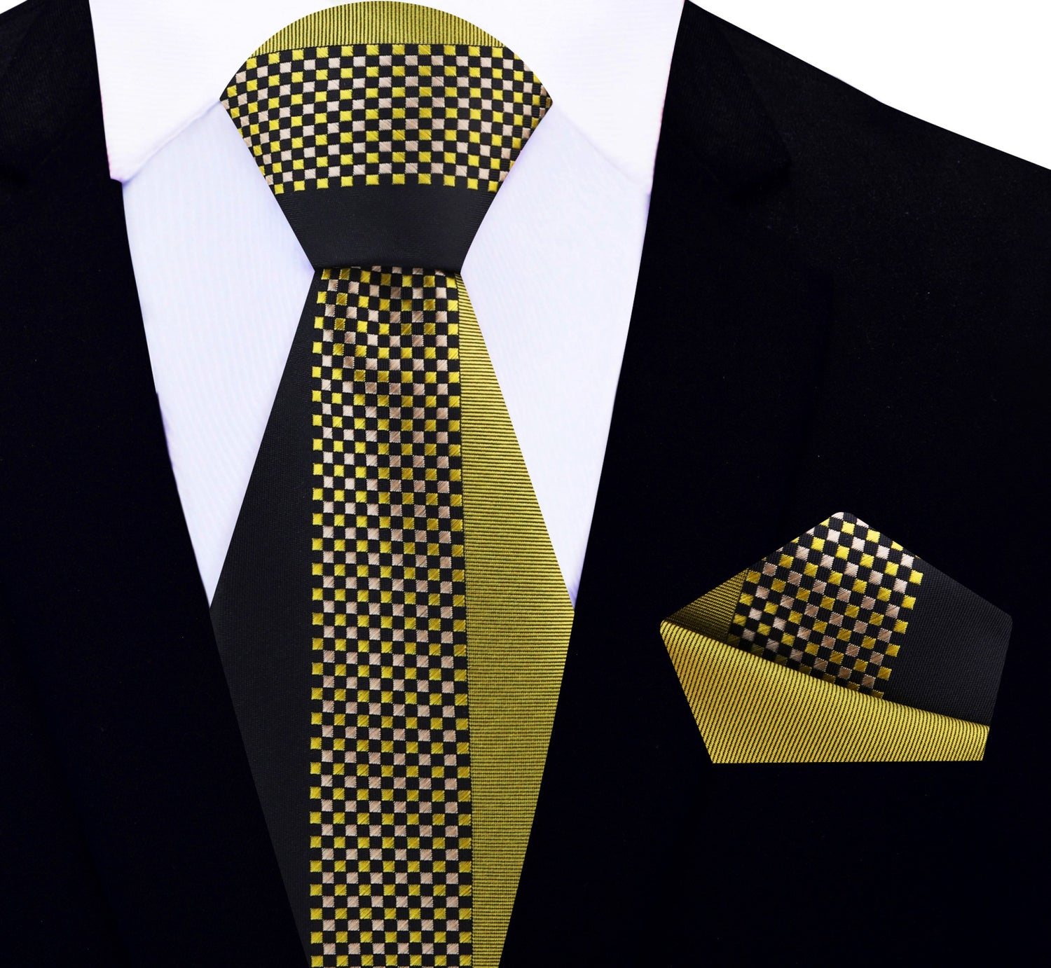 Gold and Black Small Check Necktie and Matching Square