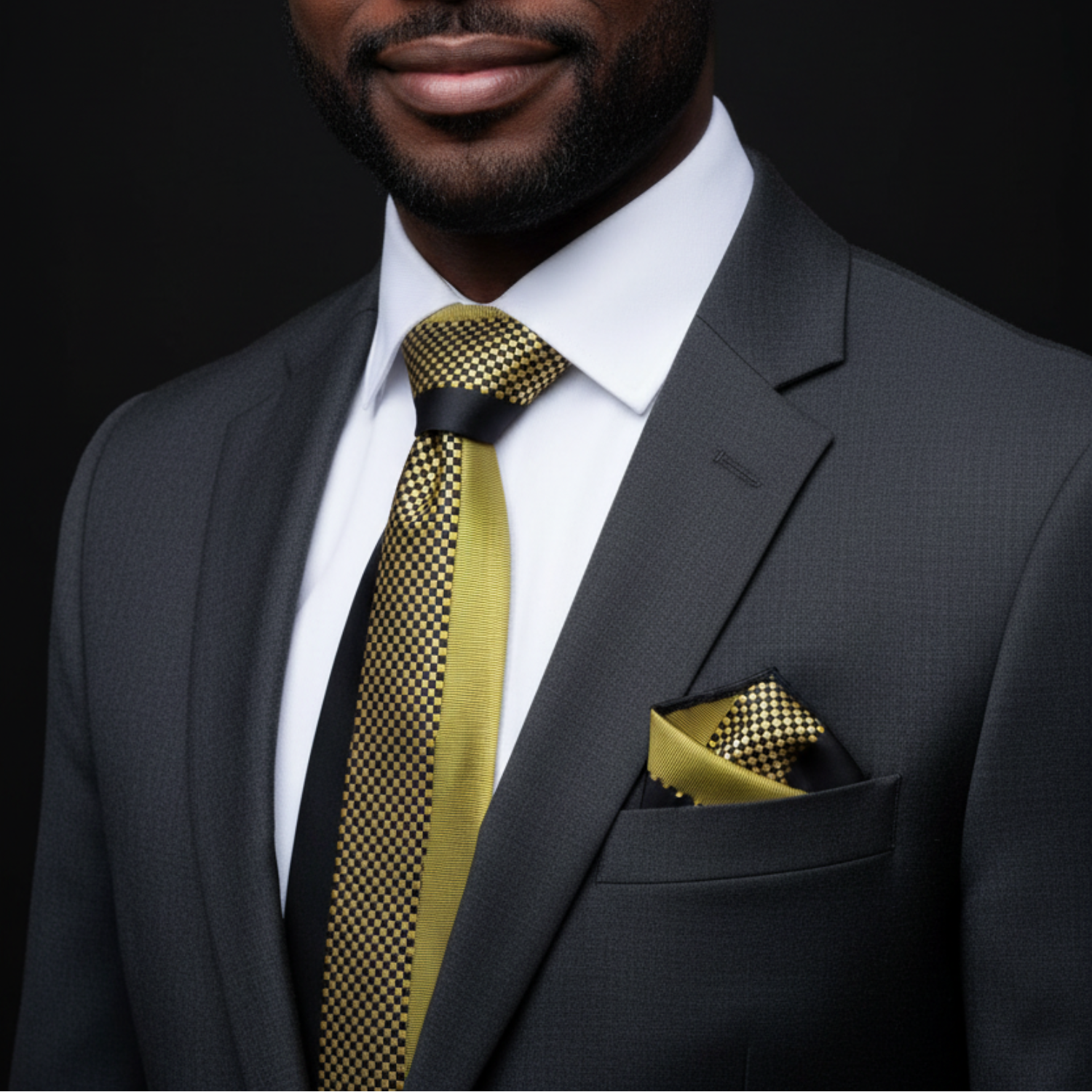 Man wearing a gray suit with a gold tie and pocket square against a black background
