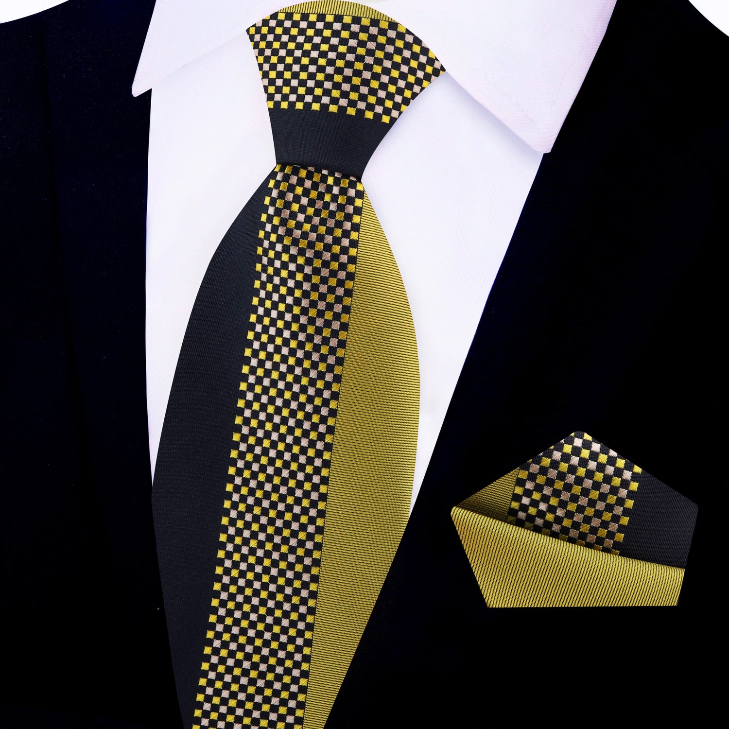View 2: Gold and Black Small Check Necktie and Matching Square