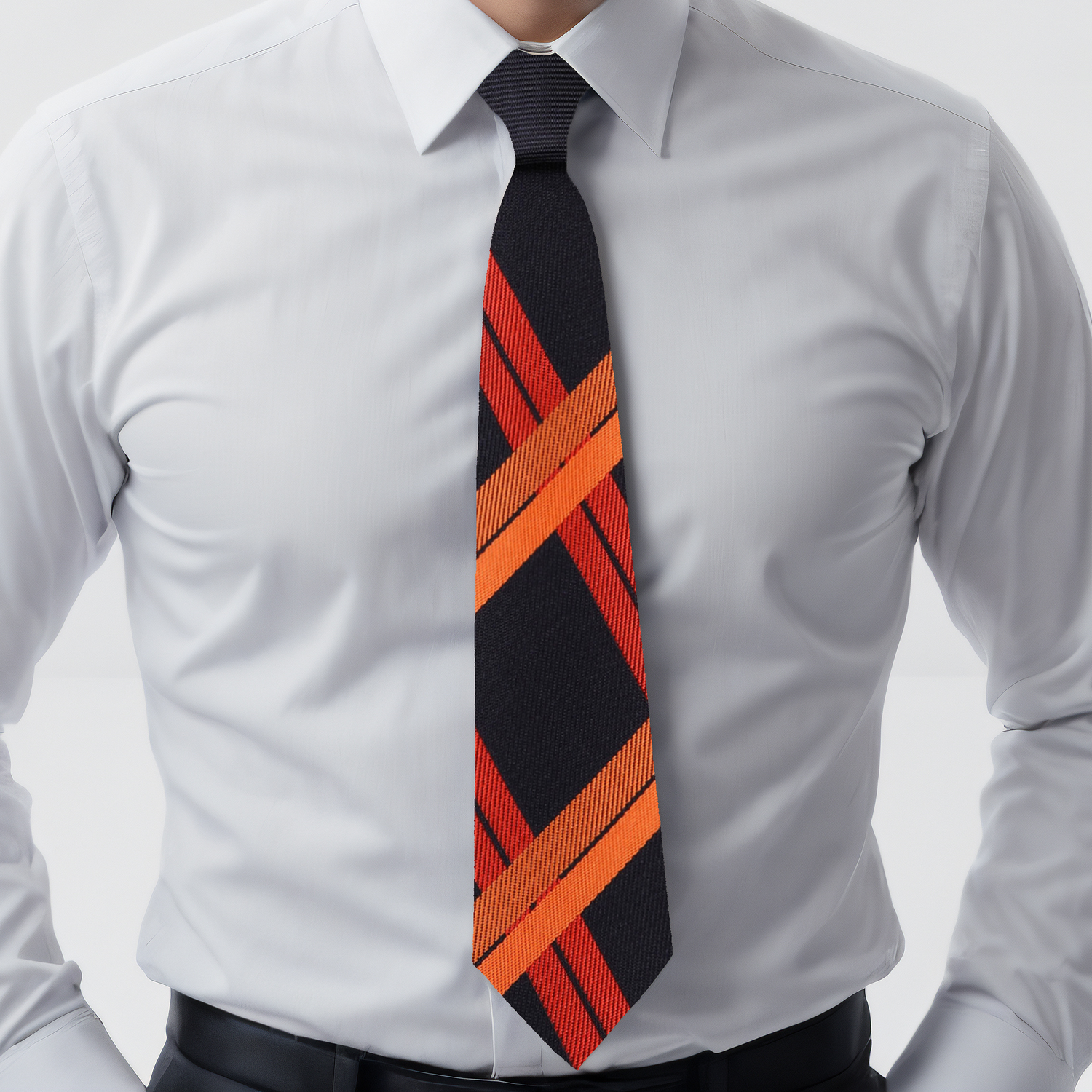 Black, Orange Plaid Necktie on Model