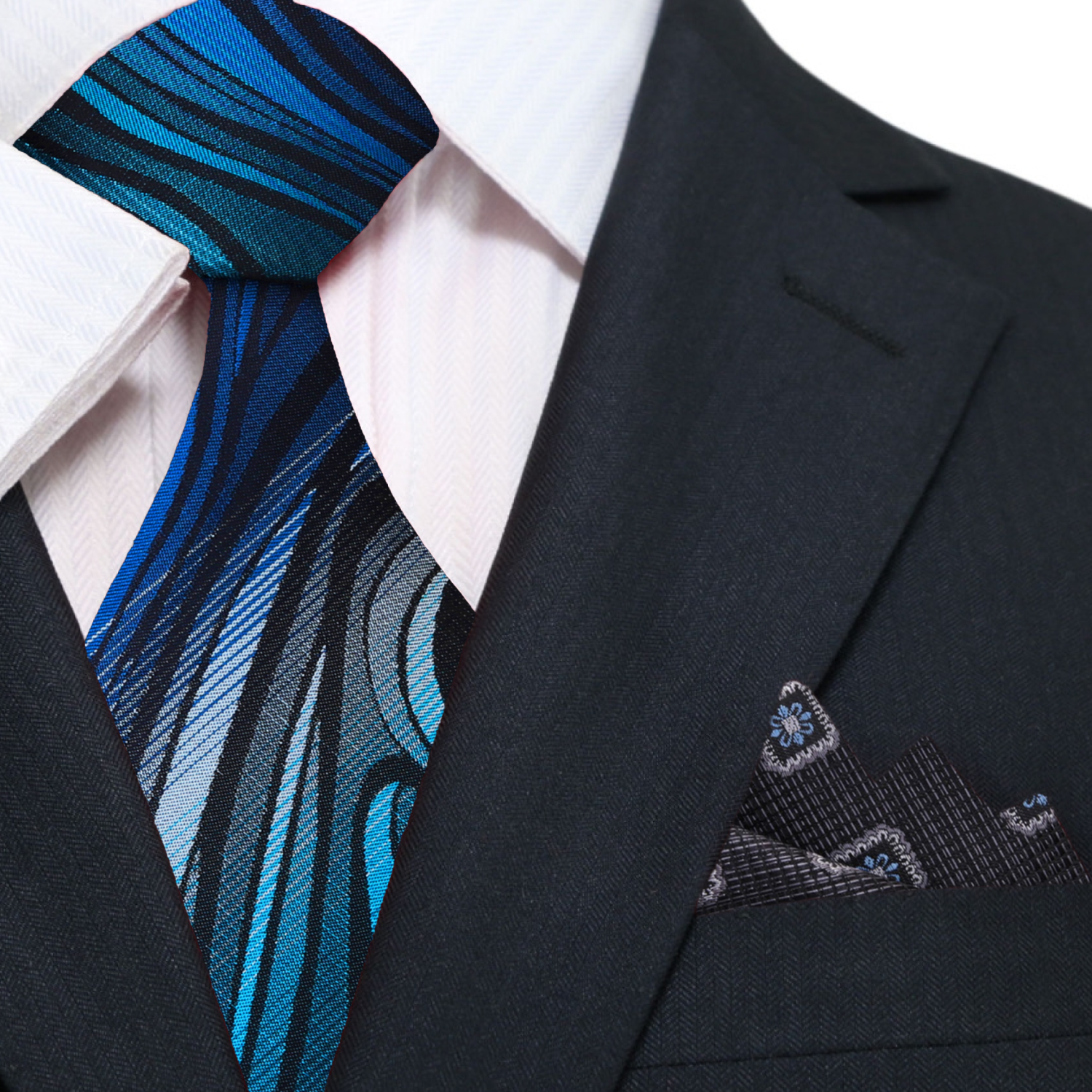 Main: Shades of Blue and Grey Abstract Fire Necktie and Charcoal with Blue Medallion Square