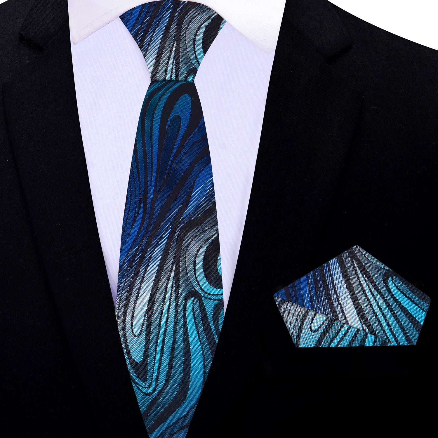Thin Tie: Shades of Blue and Grey Abstract Fire Necktie and Charcoal with Matching Square