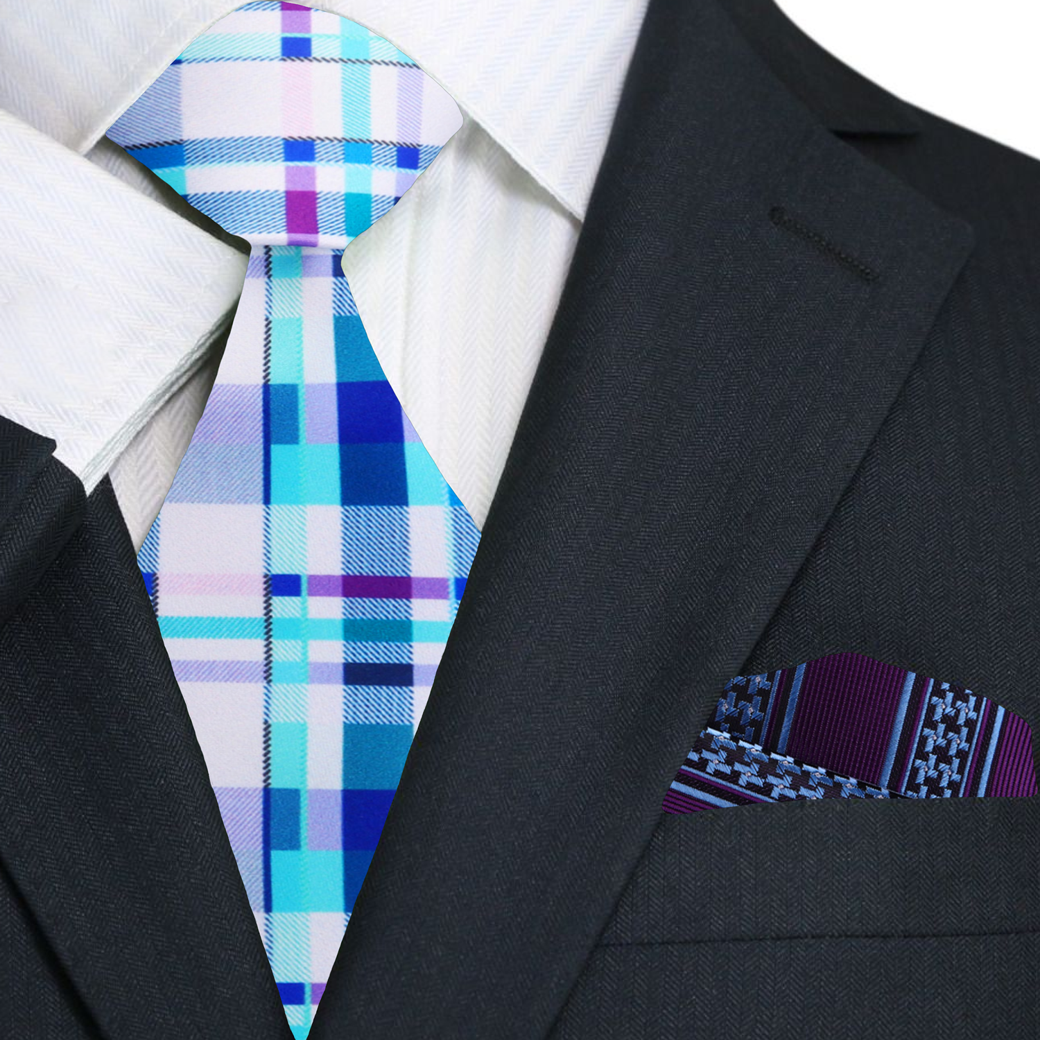 White Blue Purple Abstract Plaid Tie and Accenting Square