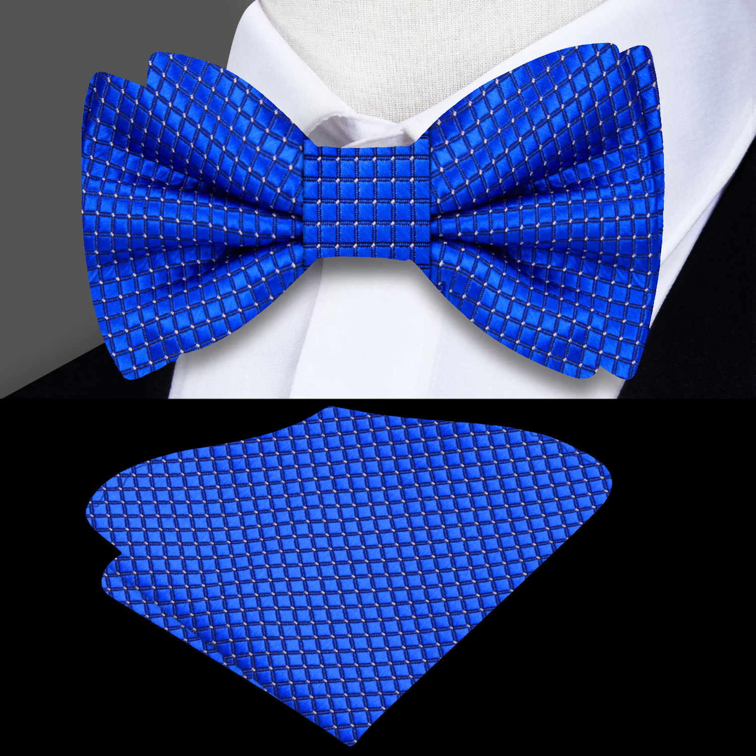 Main View: Blue with White Geometric Texture Bow Tie and Pocket Square