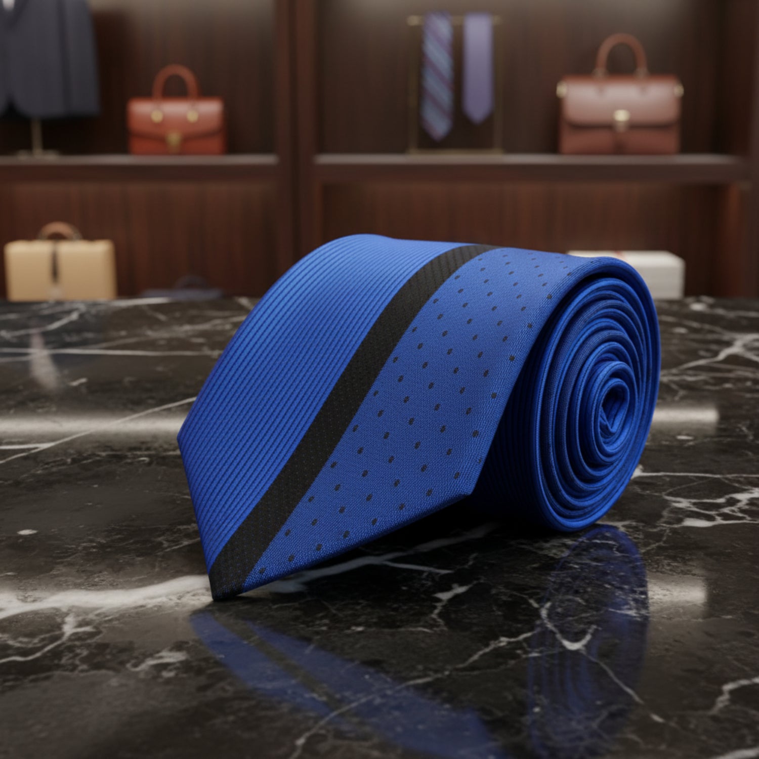 A royal blue necktie with a diagonal black band, featuring a fine striped pattern on one side and a small dotted pattern on the other, shown rolled on a white background.