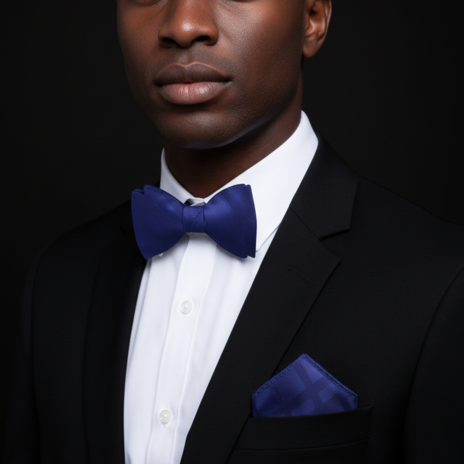 Man wearing blue bow tie and pocket square