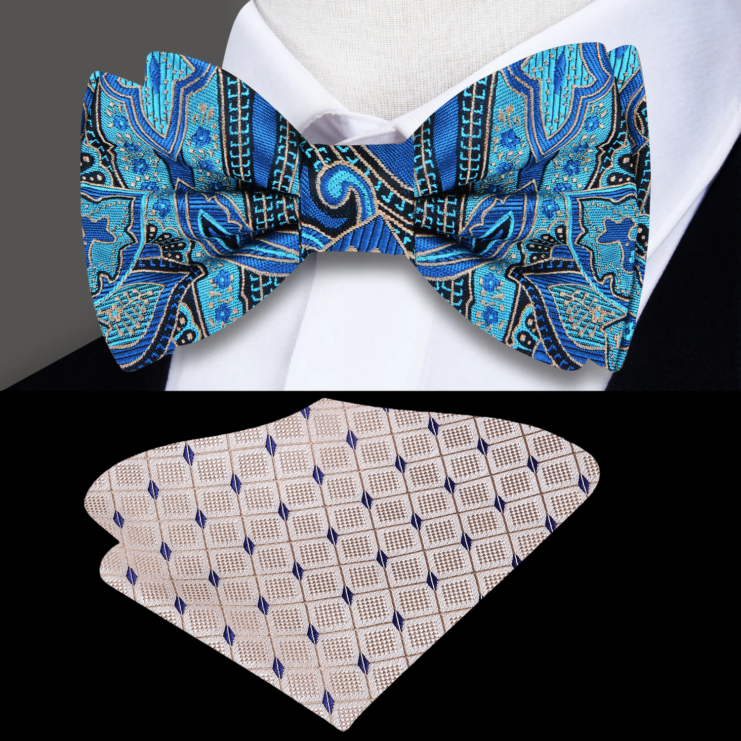 A Teal Blue, Black Abstract Floral Pattern Silk Bow Tie, Beige, Blue Pocket Square