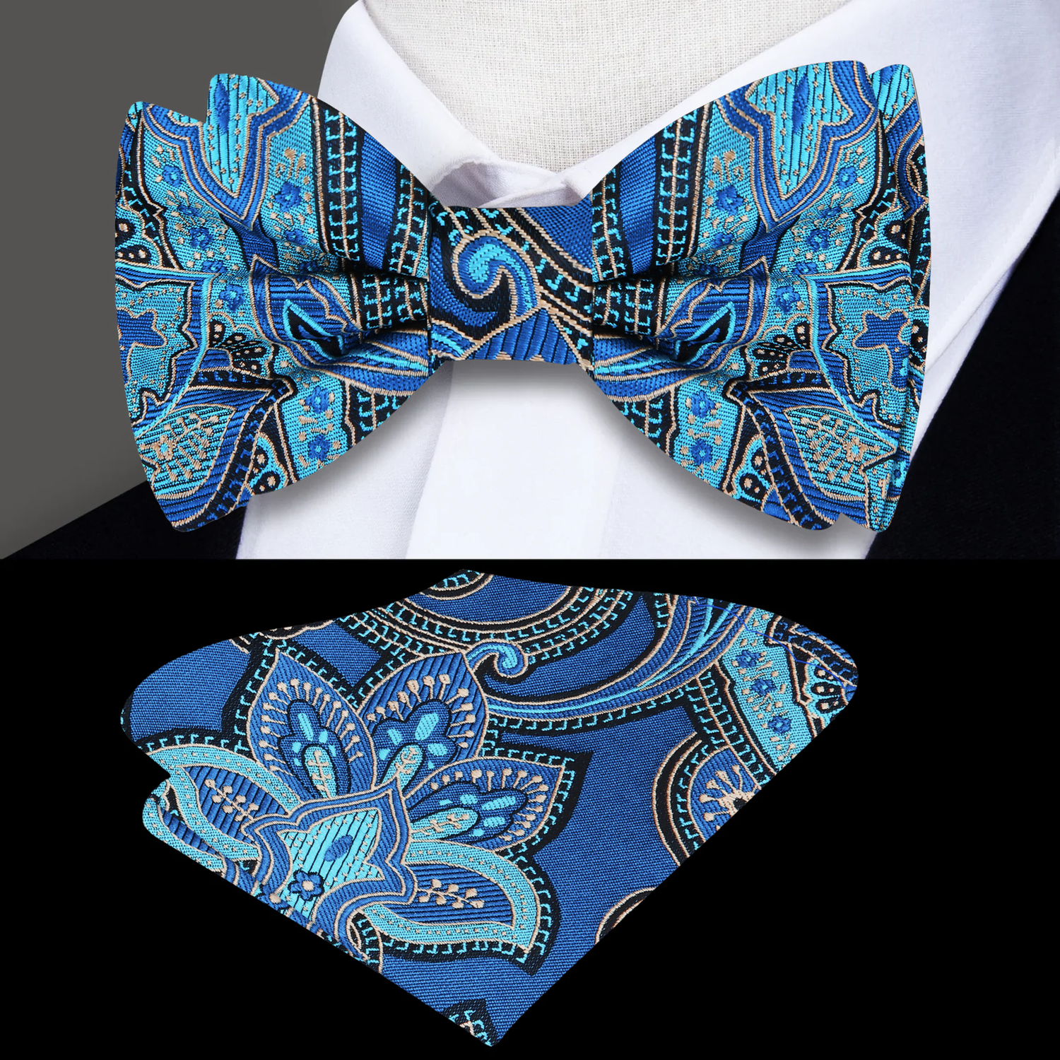 Blue Aqua Tropical Falls Paisley Bow Tie and Square