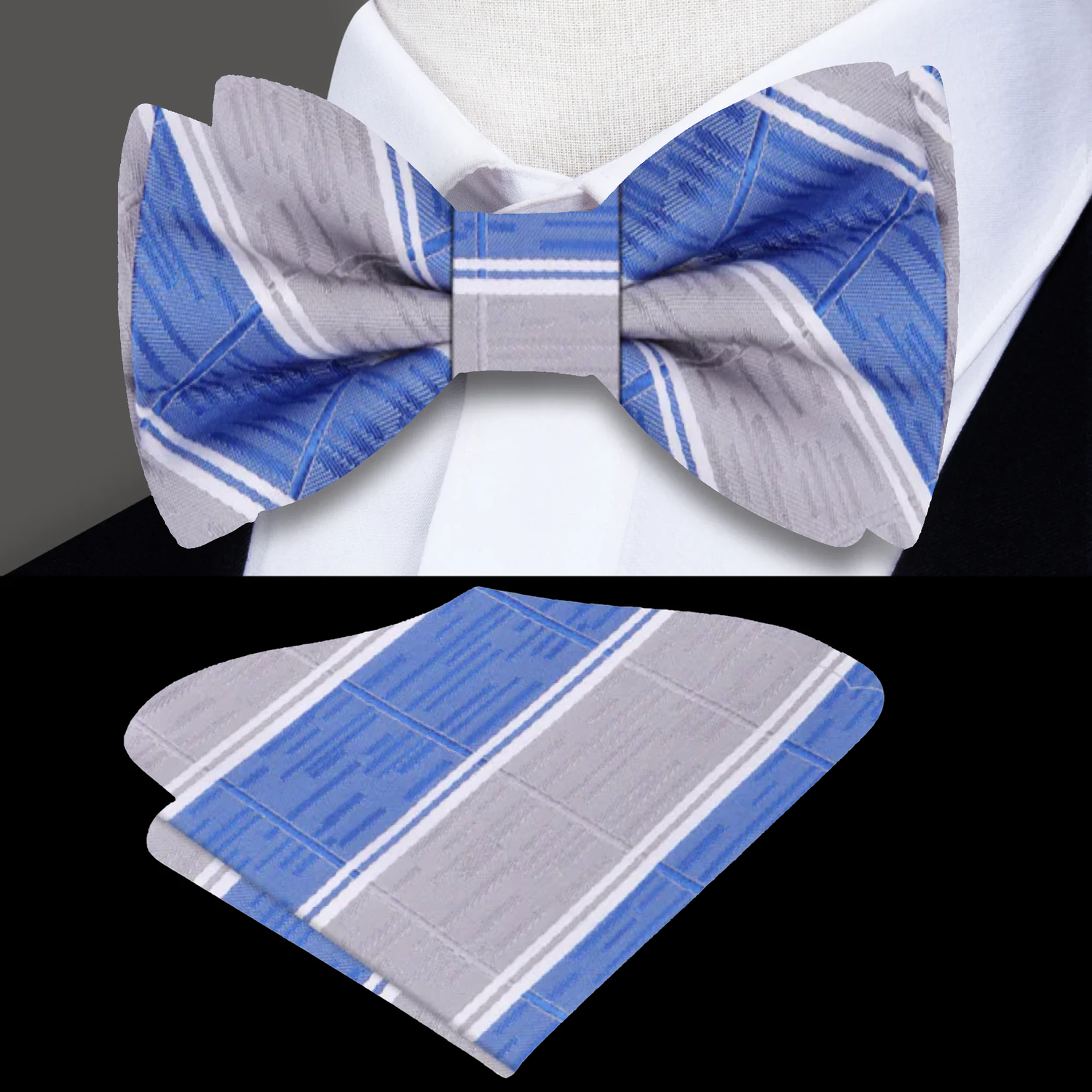 Blue, Grey, White Stripe Bow Tie And Pocket Square||Blue, Grey
