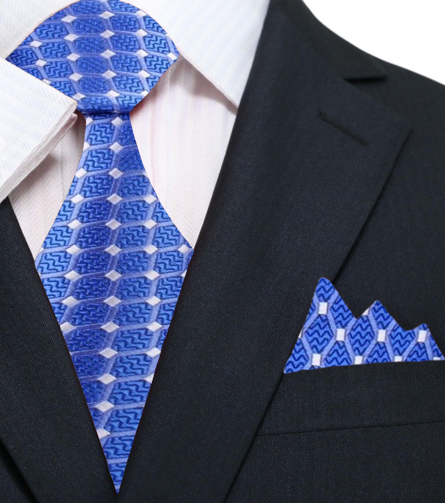 A Blue, White Geometric Pattern Pattern Silk Necktie, Matching Pocket Square.