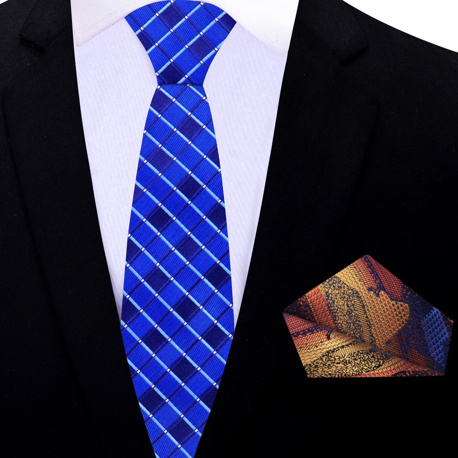 Thin Tie: Shades of Blue Necktie with Orange Red and Blue Abstract Pocket Square