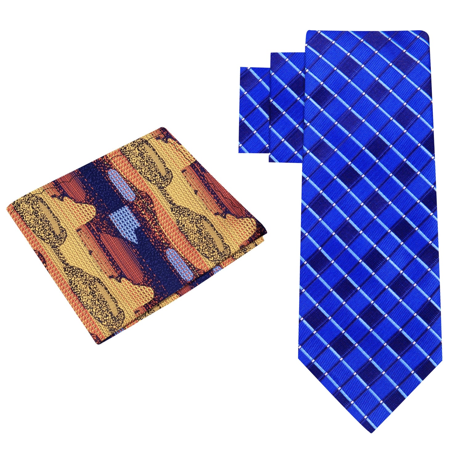 Alt View: Shades of Blue Necktie with Orange Red and Blue Abstract Pocket Square