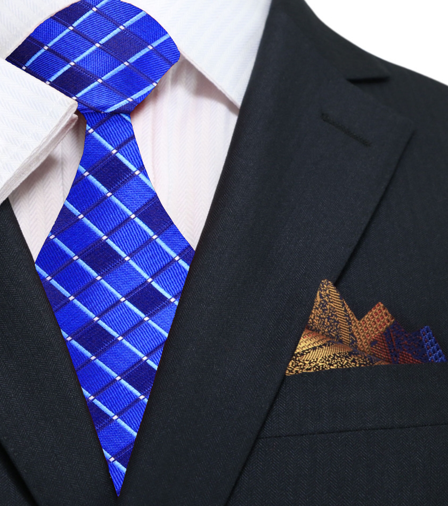 Shades of Blue Necktie with Orange Red and Blue Abstract Pocket Square