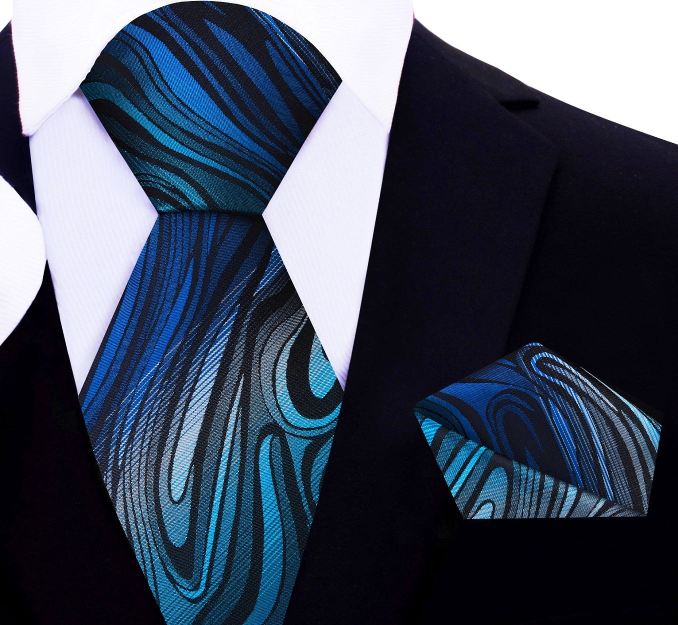 Shades of Blue and Grey Abstract Fire Necktie and Charcoal with Matching Square