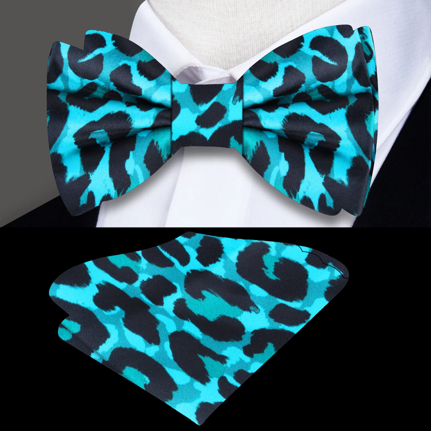 Light Blue, Black Cheetah Bow tie and Pocket Square||Light Blue