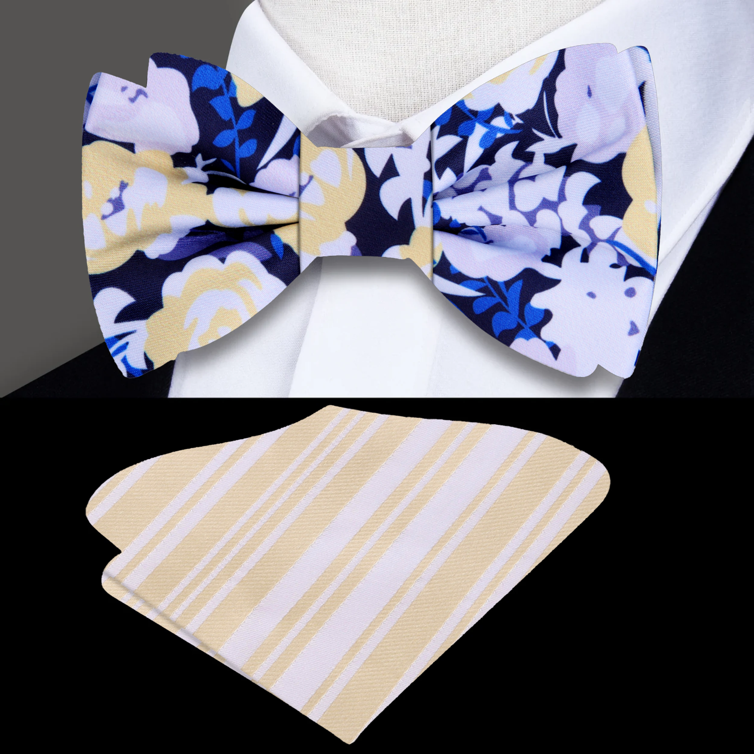 Blue, Black Floral Bow Tie and Accenting Square