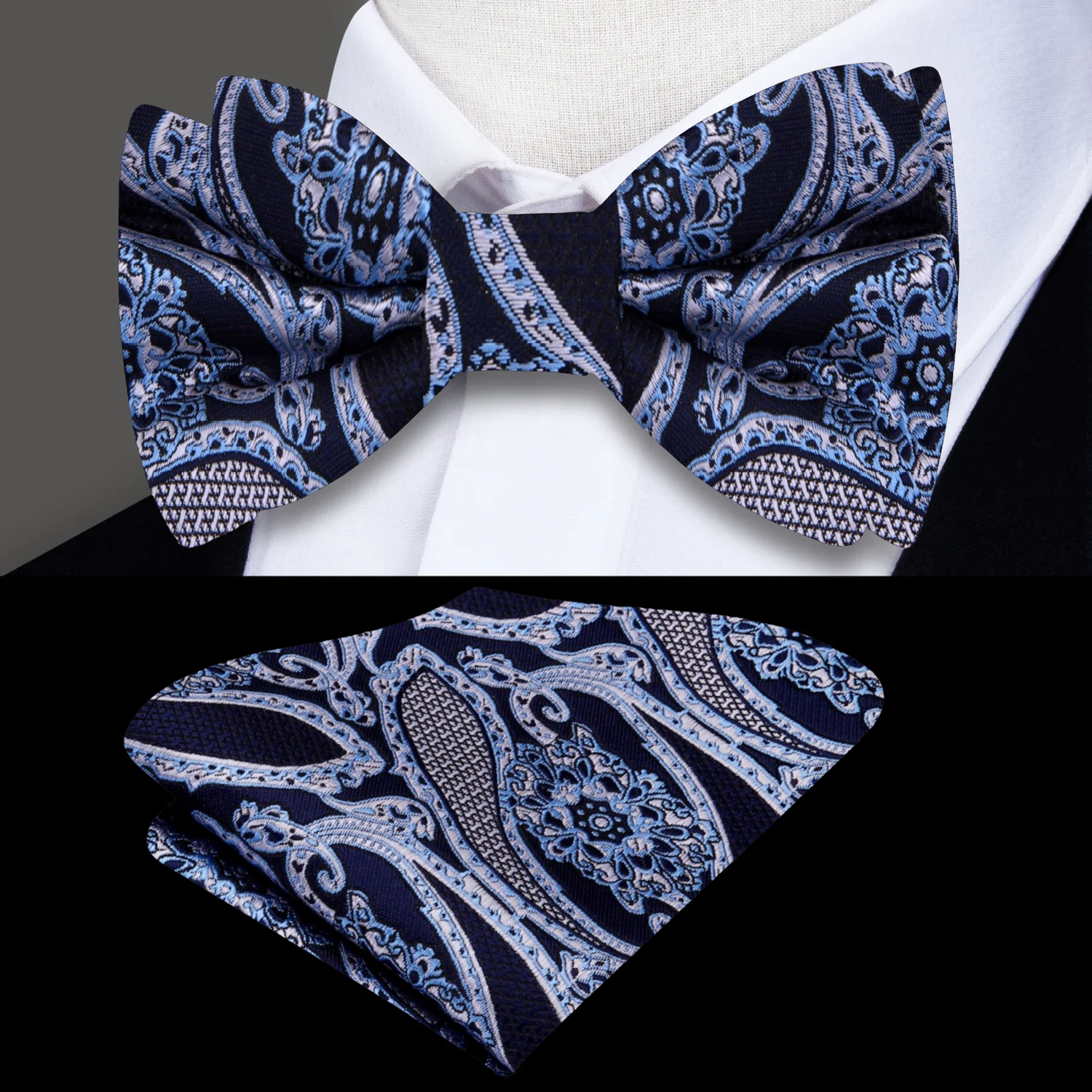 A Dark Blue, Ice Blue Detailed Paisley Pattern Silk Self Tie Bow Tie, Matching Pocket Square