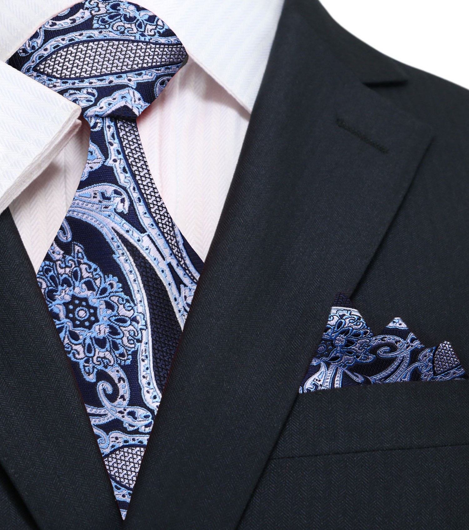 A Black, Ice Blue, White Paisley Pattern Silk Necktie, With Matching Pocket Square