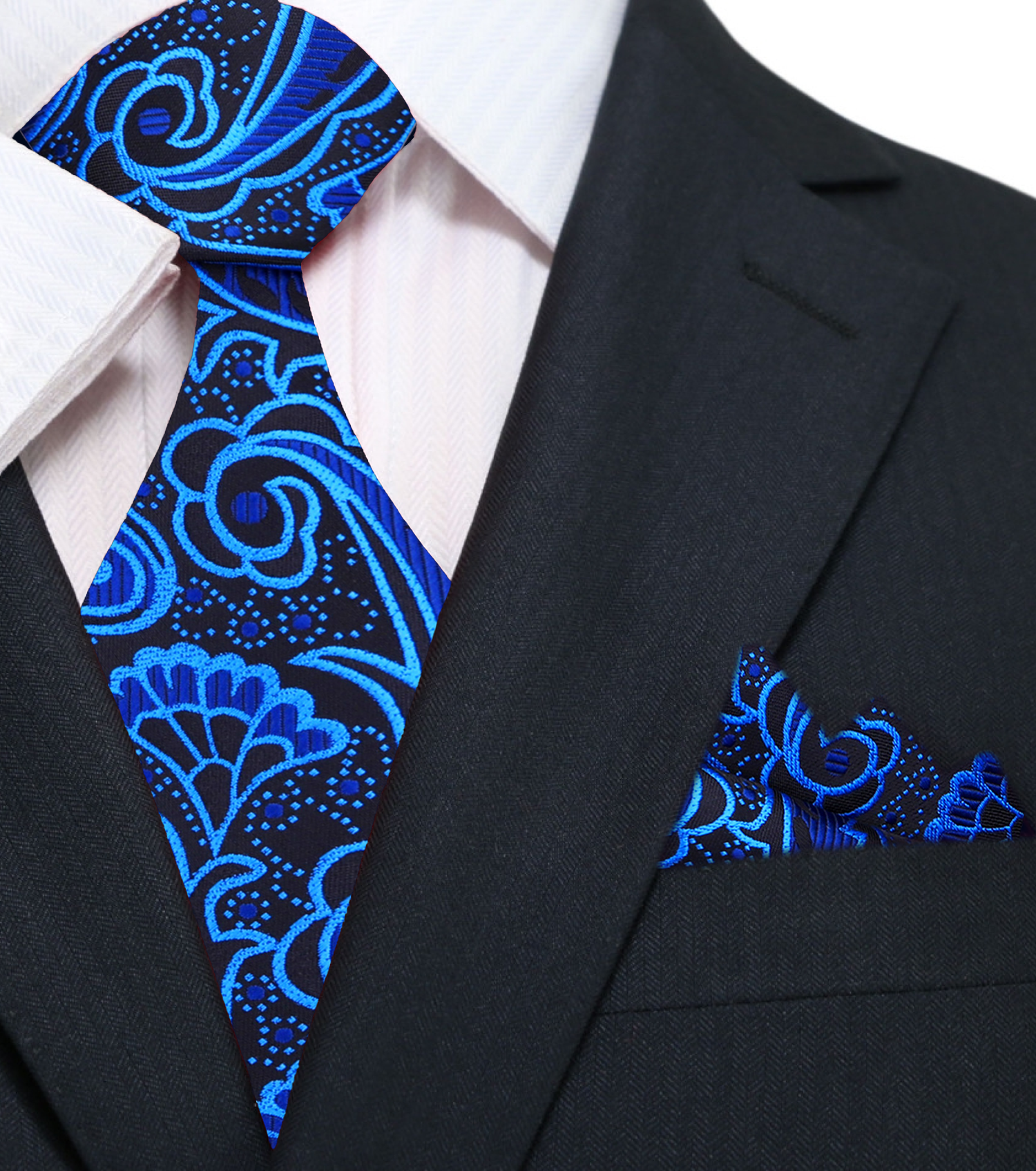 Main View: A Dark Blue, Blue Paisley Pattern Silk Necktie, Matching Silk Pocket Square