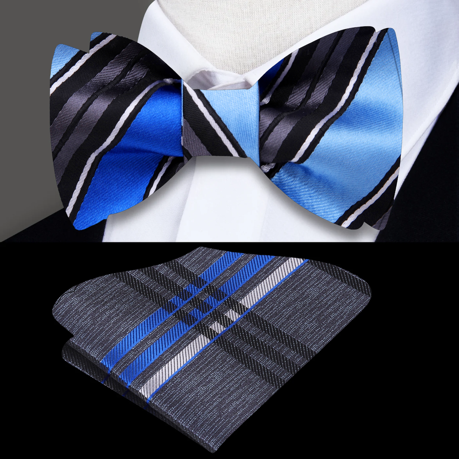 A Black, Blue Stripe Pattern Silk Self Tie Bow Tie, Plaid Pocket Square