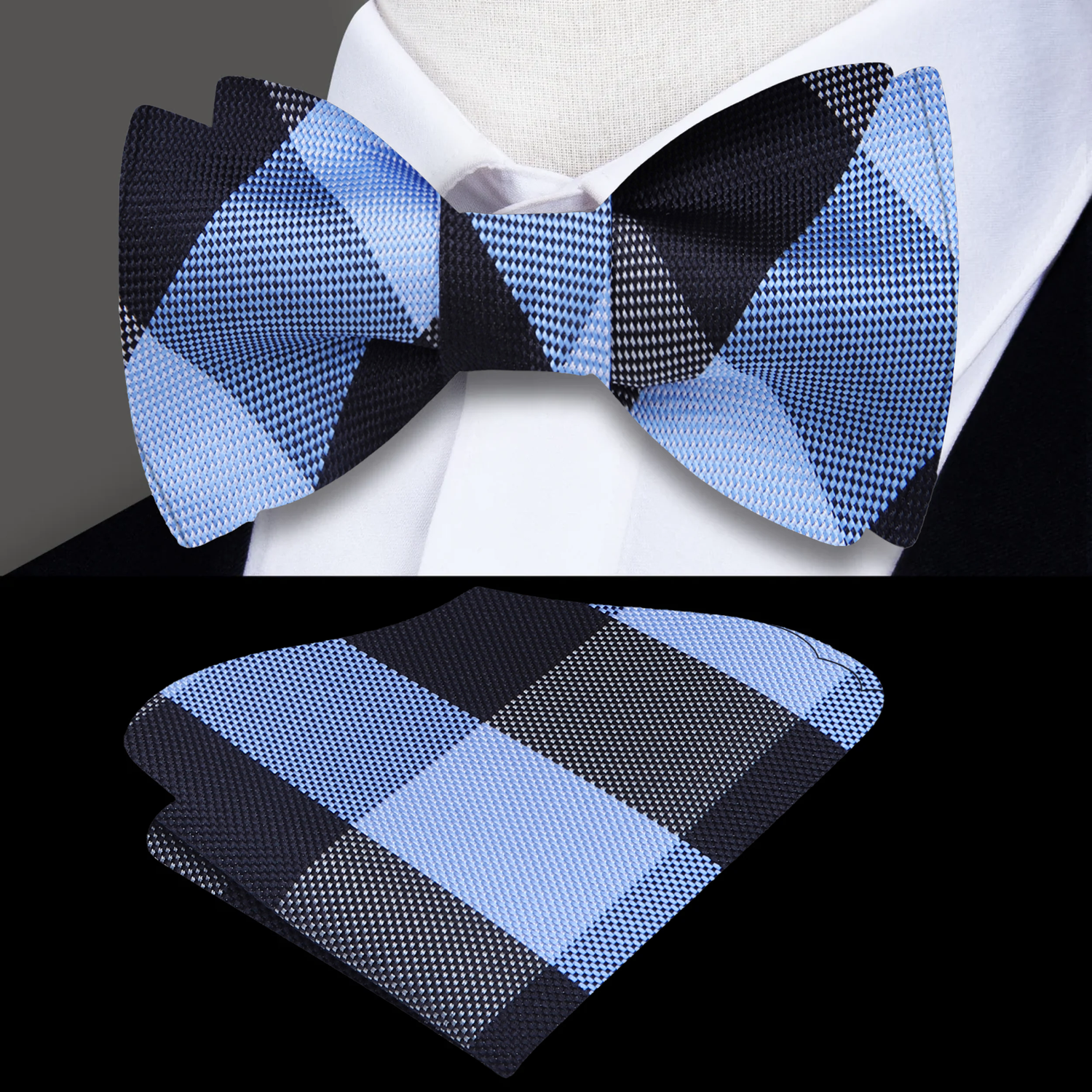 Blue Plaid Bow Tie and Pocket Square
