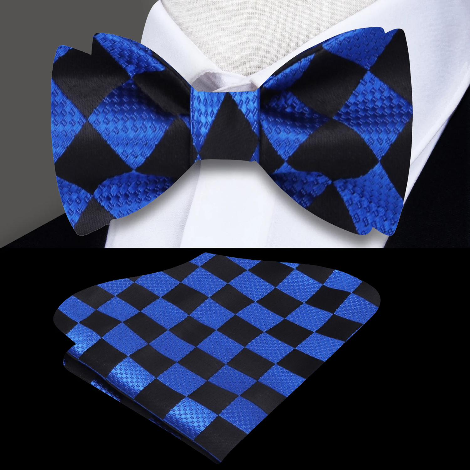 A Blue, Black Geometric Diamonds Pattern Silk Self Tie Bow Tie, Matching Pocket Square