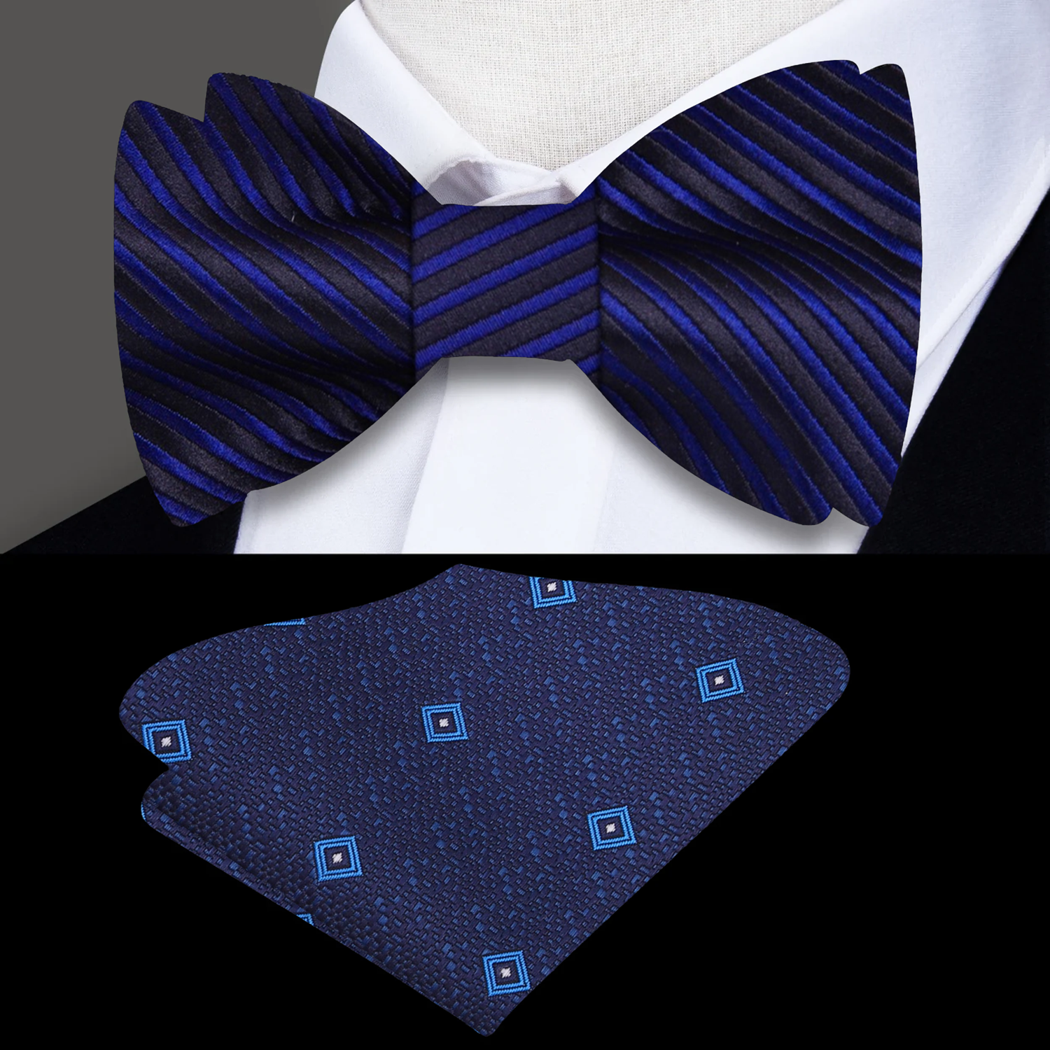 Blue striped bow tie and accenting pocket square on a mannequin with a white shirt.