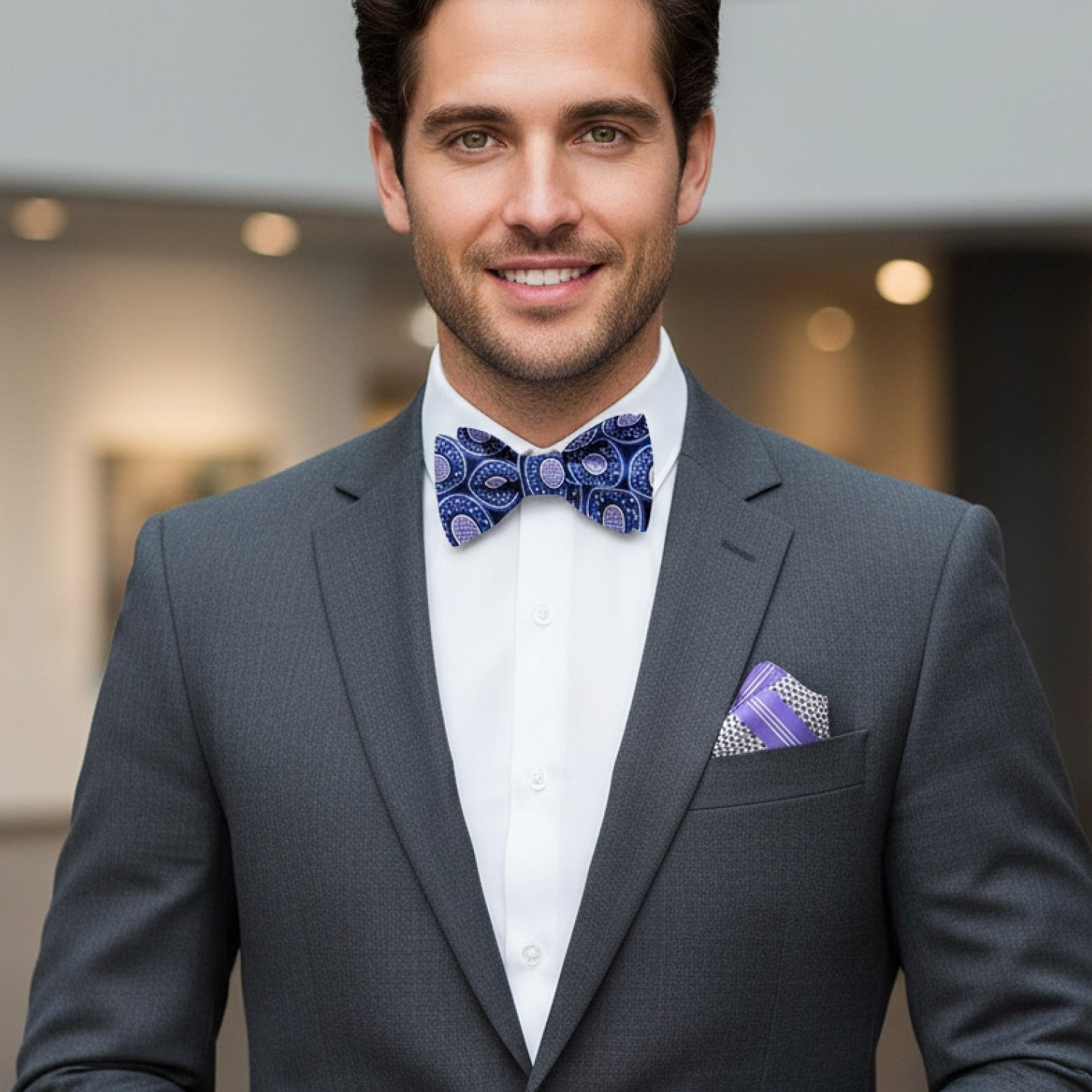 Blue Black Purple Donut Sprinkles Bow Tie and Accenting Square on man wearing suit