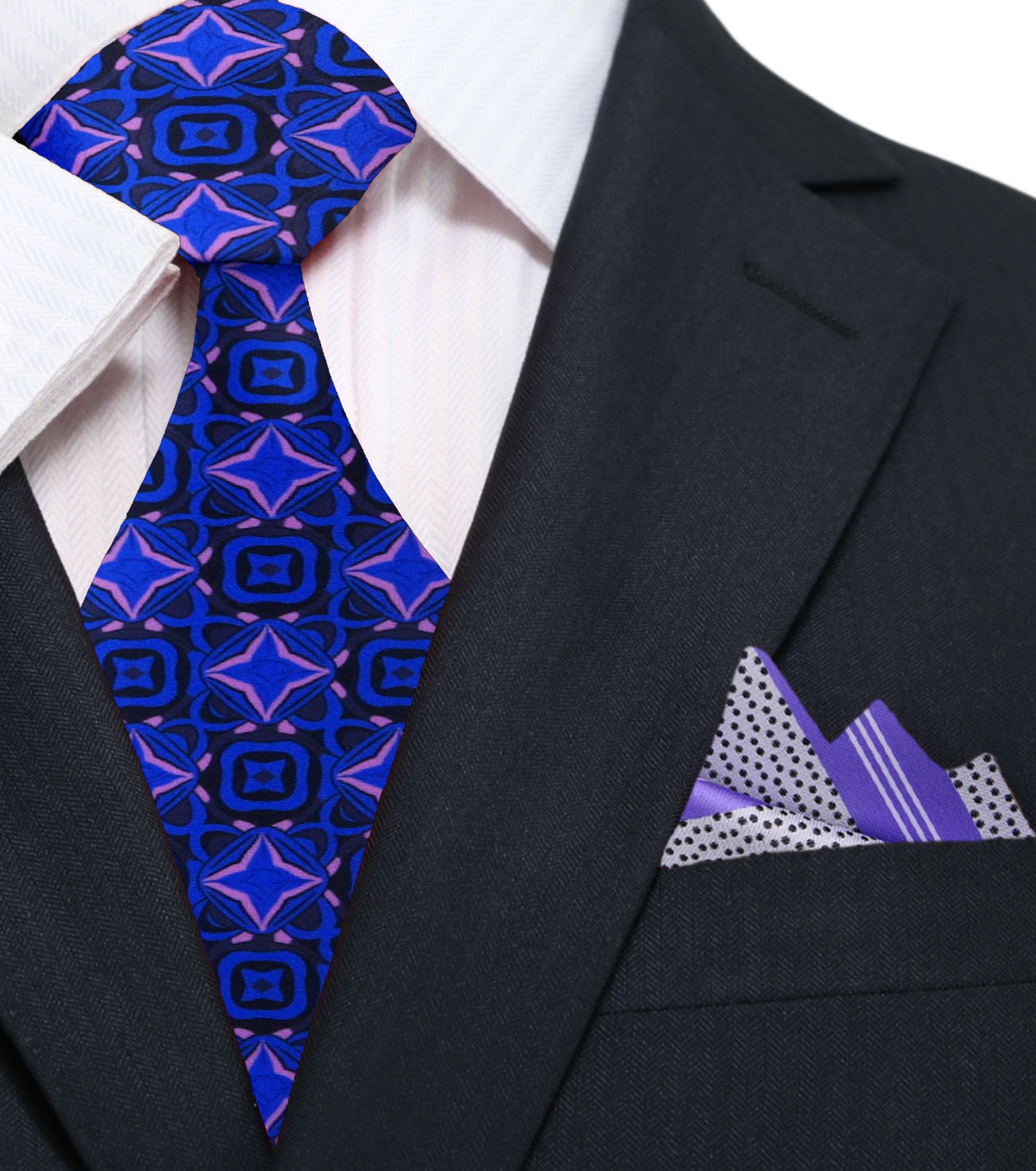 Blue and Purple Geometric Necktie and Grey Purple Stripe Pocket Square