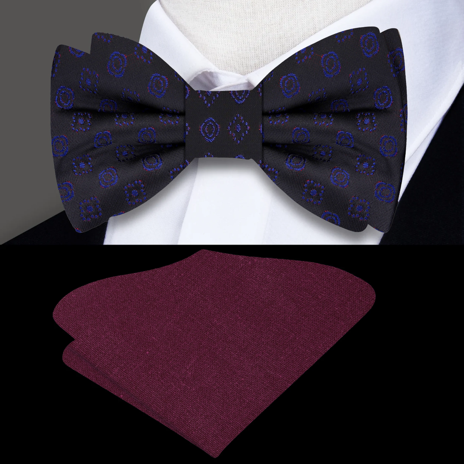 Black, Blue, Red Flowers Bow Tie and Red Pocket Square||Black, Blue, Red