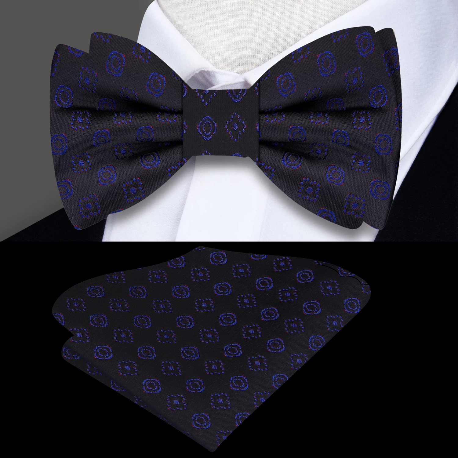 Black, Blue, Red Flowers Bow Tie and Pocket Square||Black, Blue, Red