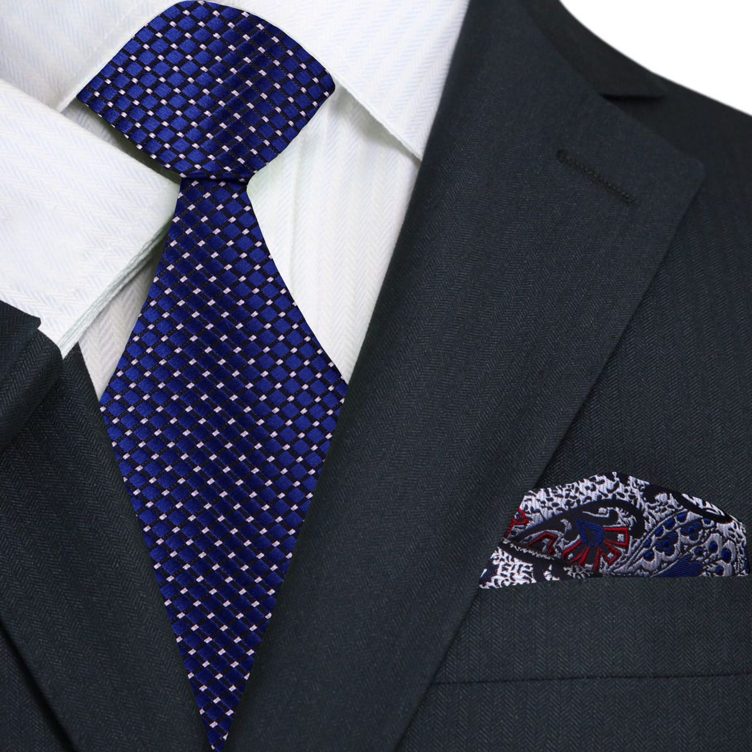 Classic View: A Dark Blue Small Geometric Diamond With Small Dots Pattern Necktie With Silver, Blue, Red Pocket Square