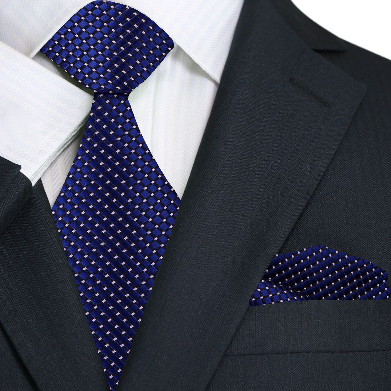 Classic View: A Dark Blue Small Geometric Diamond With Small Dots Pattern Necktie With Pocket Square