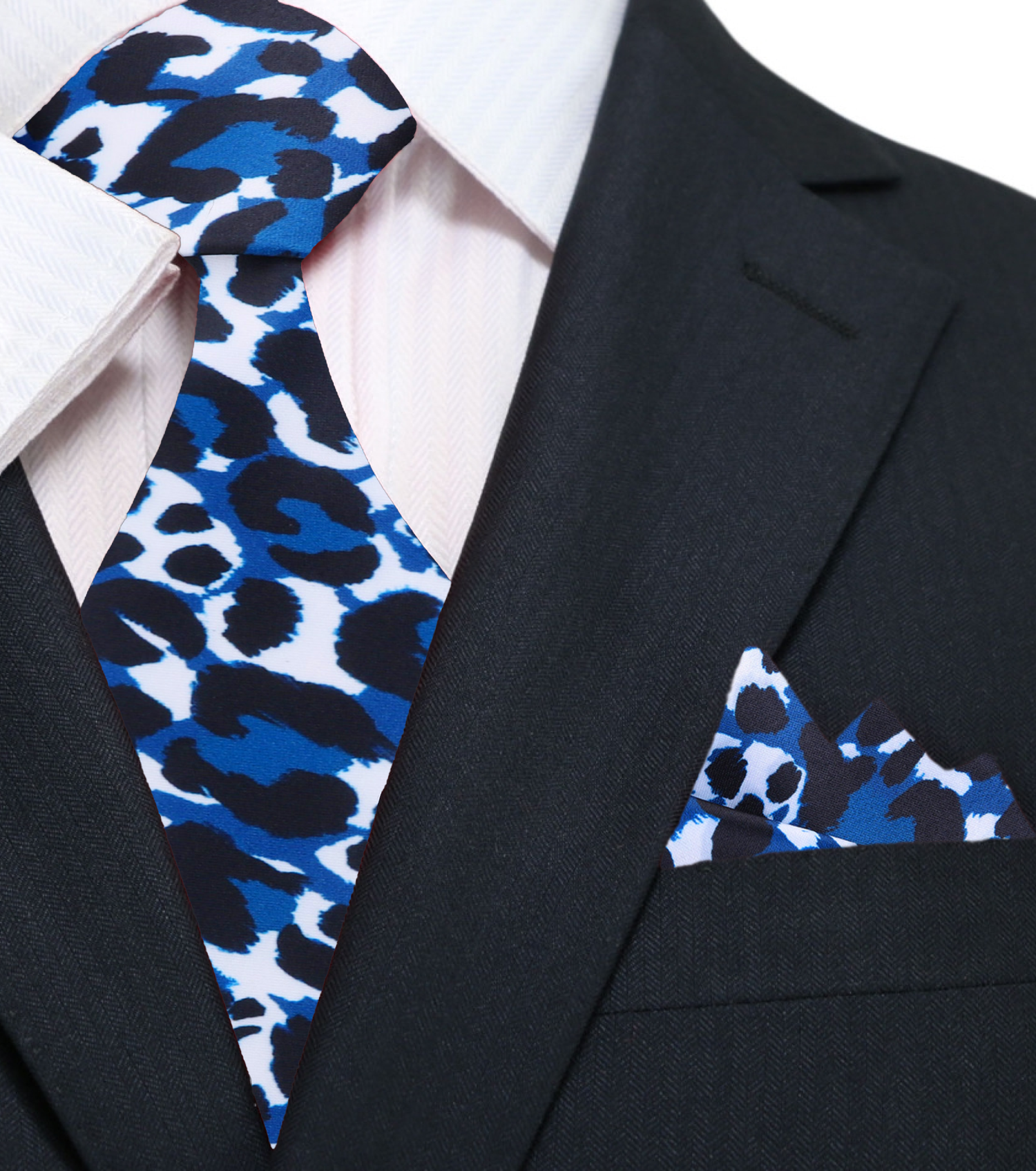 White Blue Black Cheetah Tie and Pocket Square||White