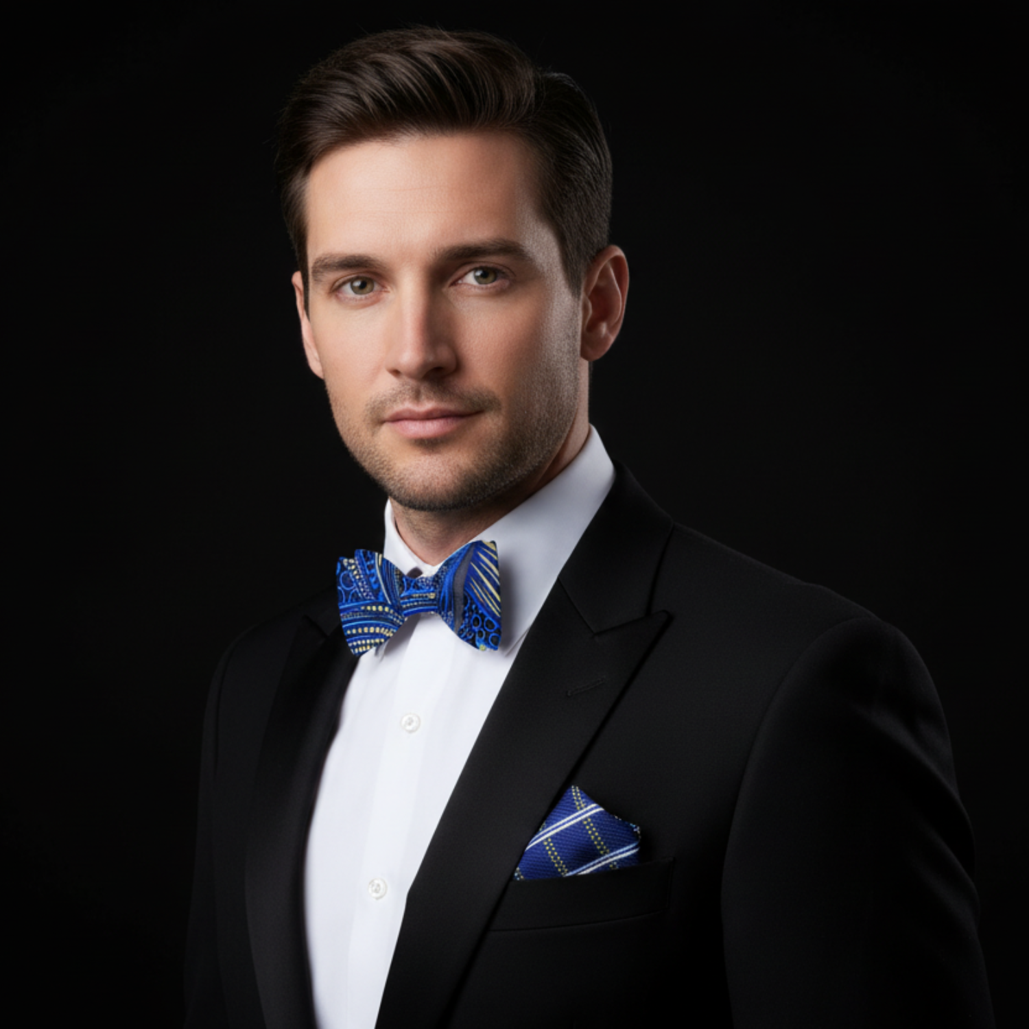 Blue, Black, Yellow Abstract Bow Tie and Accenting Blue, Black Plaid Square on man