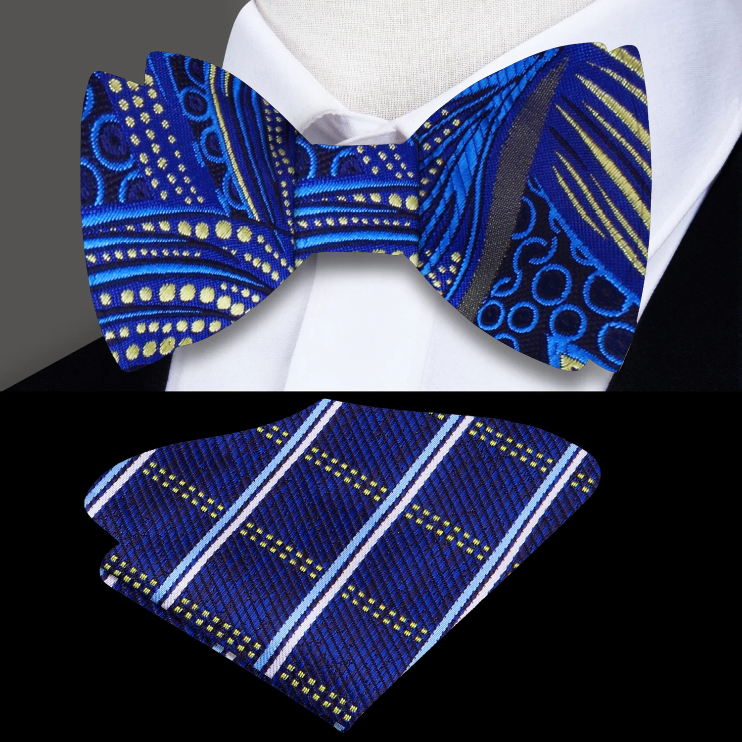 Blue, Black, Yellow Abstract Bow Tie and Accenting Blue, Black Plaid Square