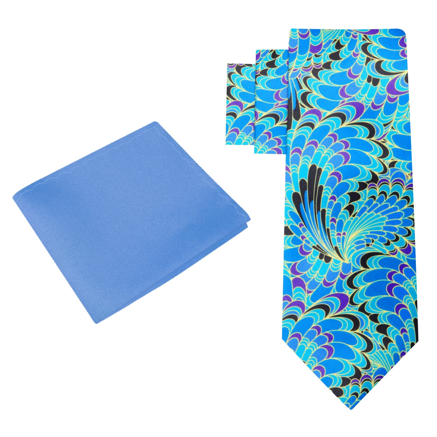 Alt View: Blue, Black, Yellow, Purple Peacock Feathers Necktie with Light Blue Square