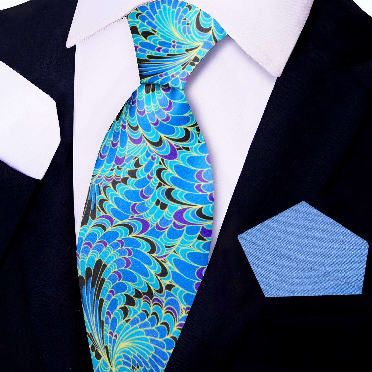 View 2 Blue, Black, Yellow, Purple Peacock Feathers Necktie with Light Blue Square