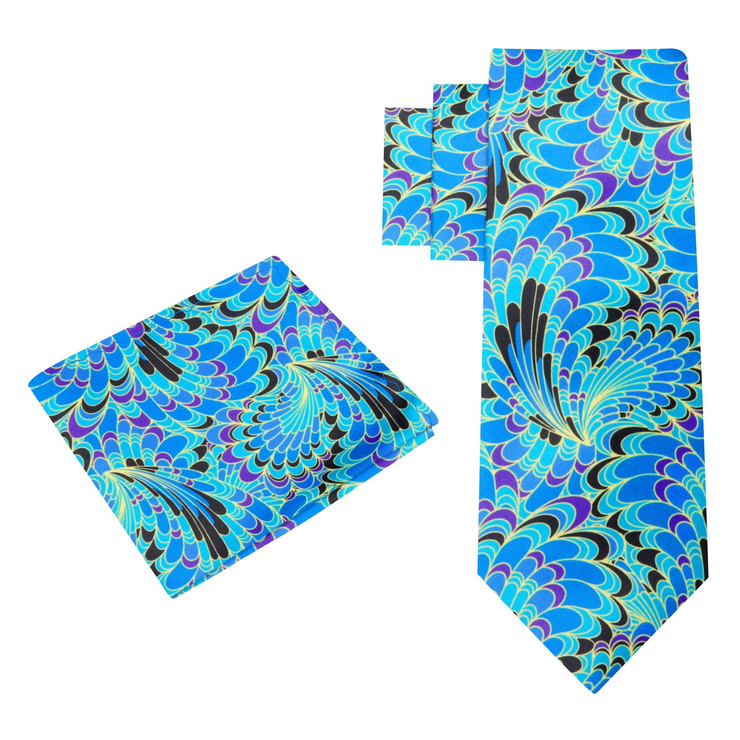 Alt View: Blue, Black, Yellow, Purple Peacock Feathers Necktie with Matching Square
