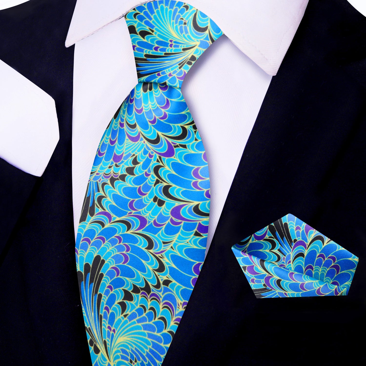 View 2: Blue, Black, Yellow, Purple Peacock Feathers Necktie with Matching Square