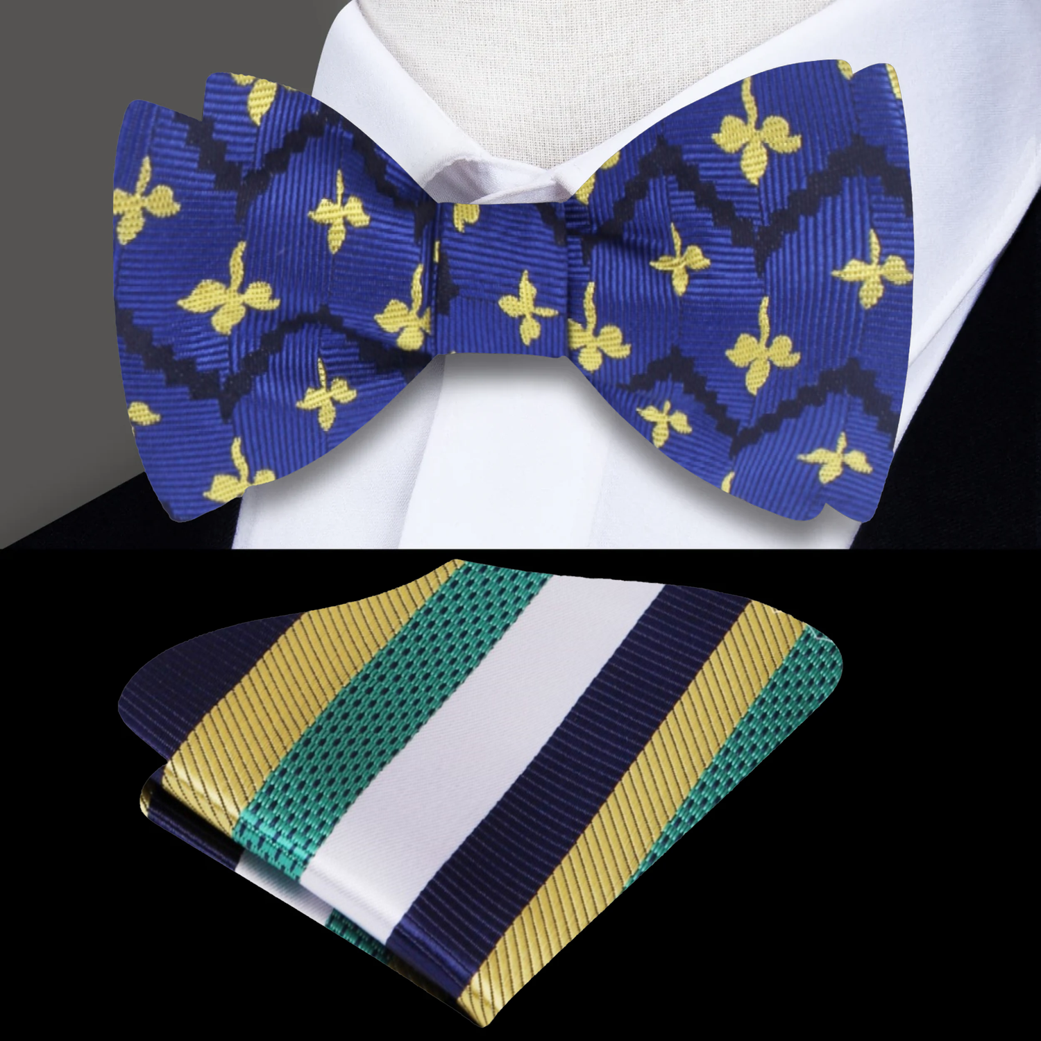 Blue, Yellow, Black Floral Bow Tie and Green, Blue, White Stripe Pocket Square