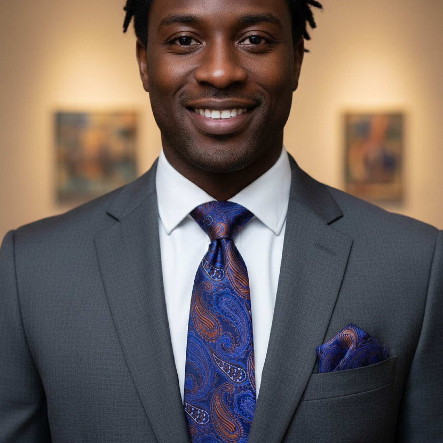 Man wearing a gray suit with a blue paisley tie and pocket square, smiling.