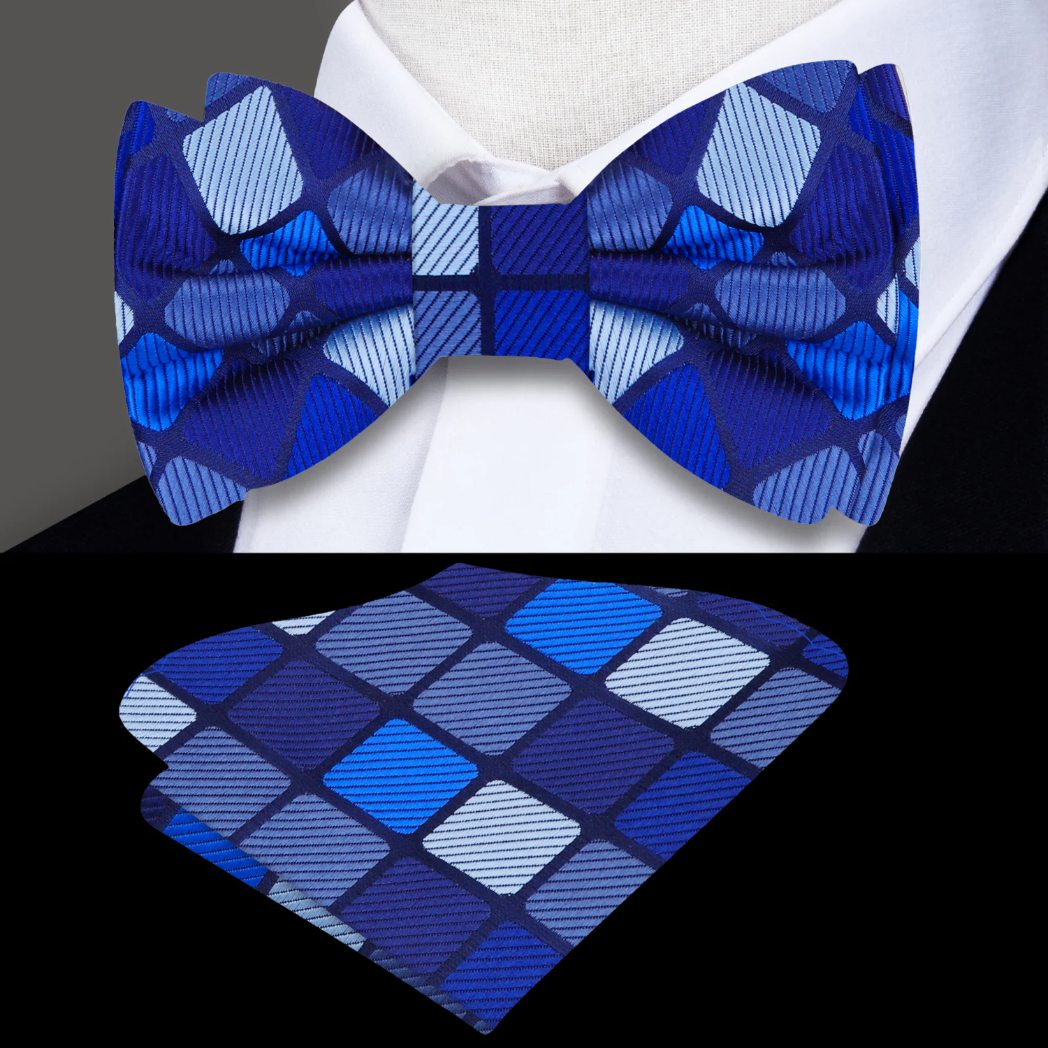 Shades of Blue Blocks Geometric Bow Tie and Pocket Square