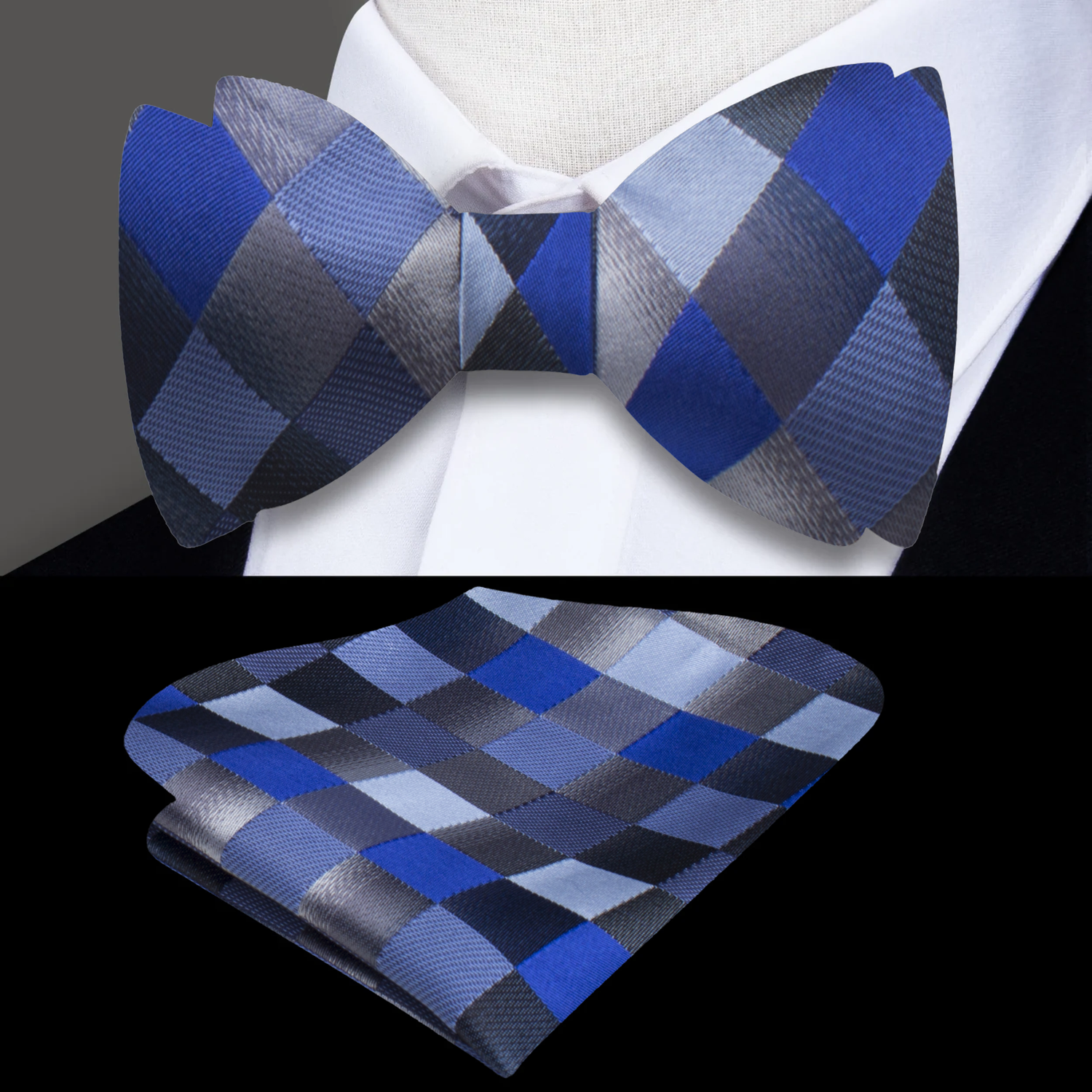 Blue Grey Diamonds Bow Tie and Pocket Square