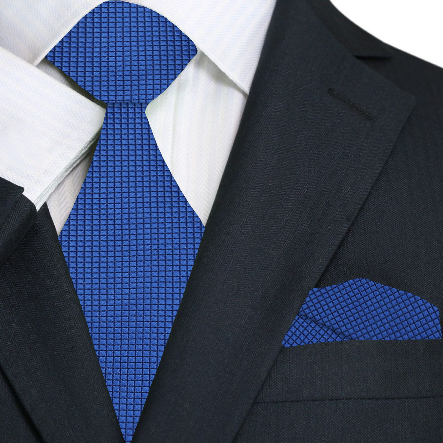 A Solid Deep Blue With Check Texture Pattern Necktie, Matching Pocket Square ||Navy Blue Block