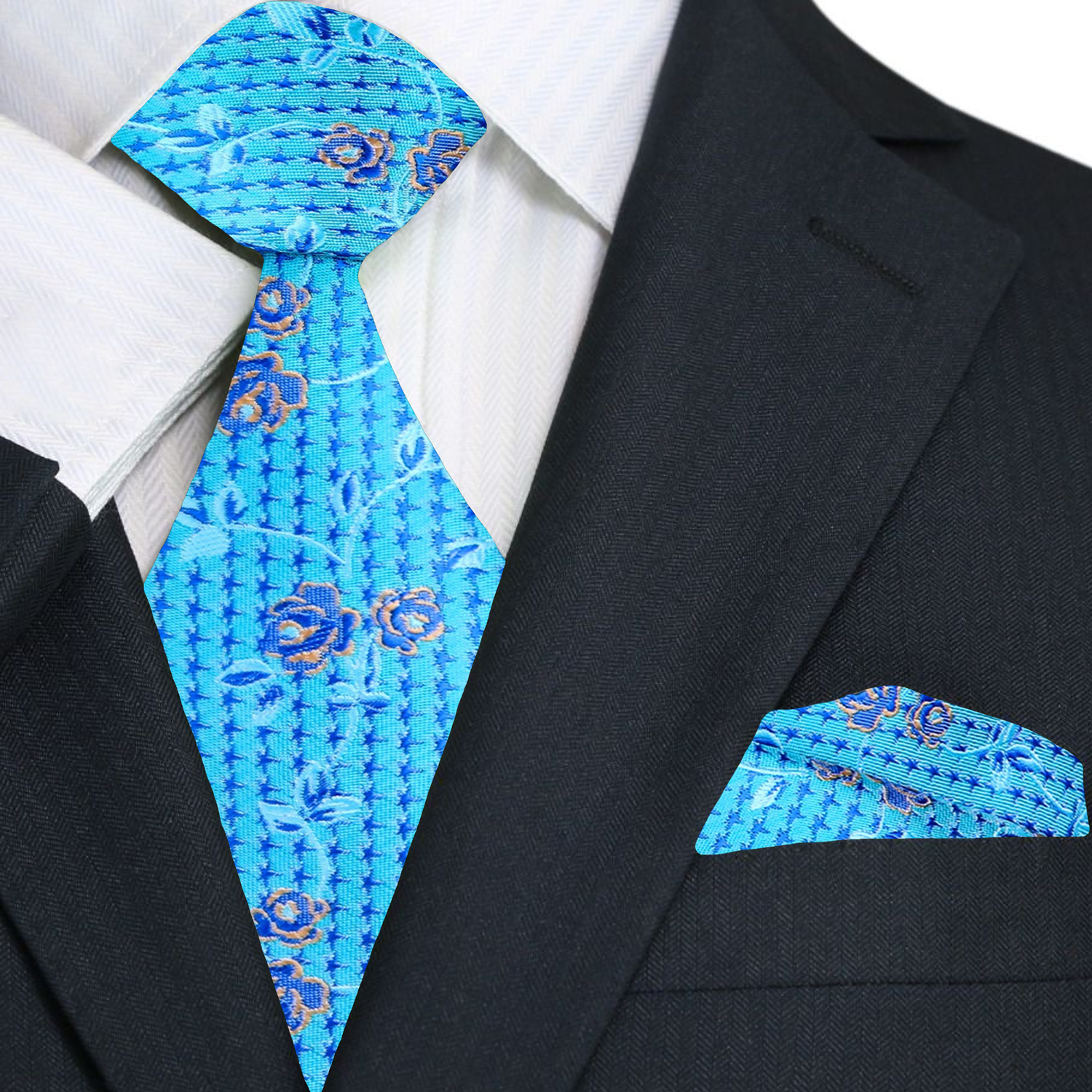 A Light Blue Vine With Small Flower Pattern Necktie, Matching Pocket Square