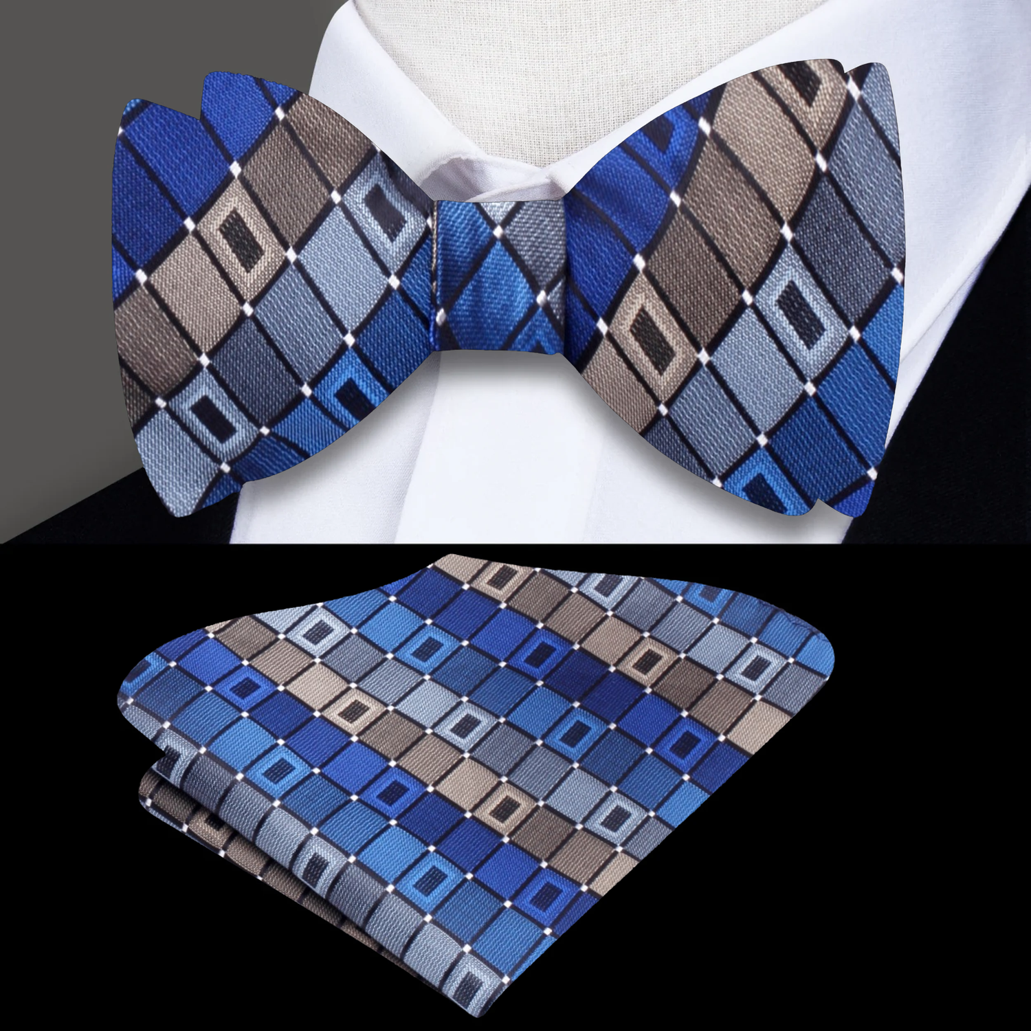 Blue, Brown Geometric Bow Tie and Pocket Square